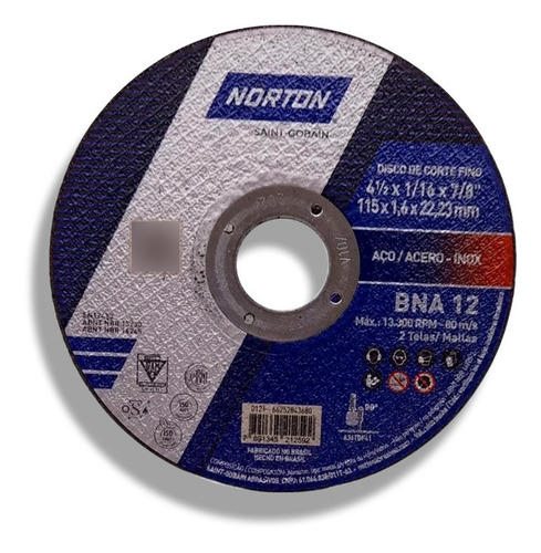 Disco Abrasivo Norton 4½  X 1/16  X 7/8  Bna12 Corte Metal