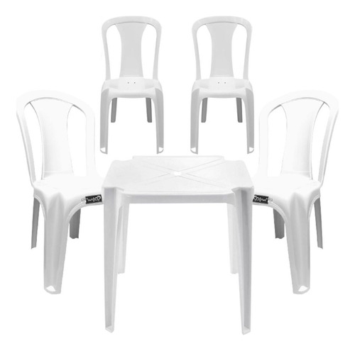 Jogo De 1 Mesa 4 Cadeiras Plástica Bar Festa Jantar Branca Cor Branco Liso