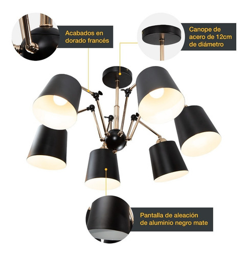Lámpara De Techo Negro Oro Blanco Dark Decor E27 40w 6 Luces