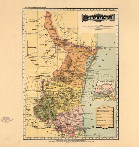 Lienzo Canvas Arte Atlas Mapa Estado Tamaulipas 1886 85x80