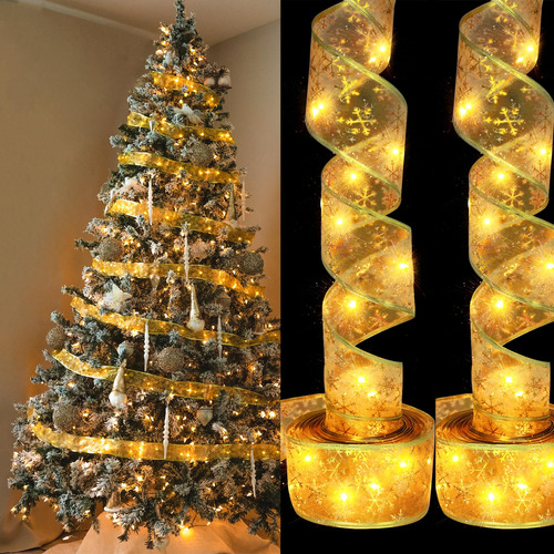 Cinta Dorada De Navidad Con Luces Para Decoracion De Arbol D