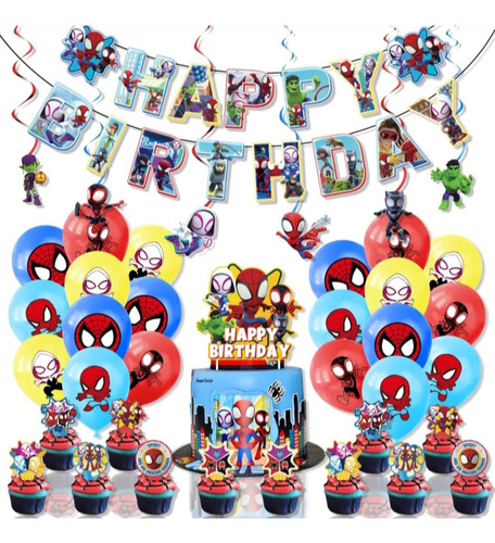 Set Decoración De Cumpleaños Niño Superheroe Araña Y Amigos 