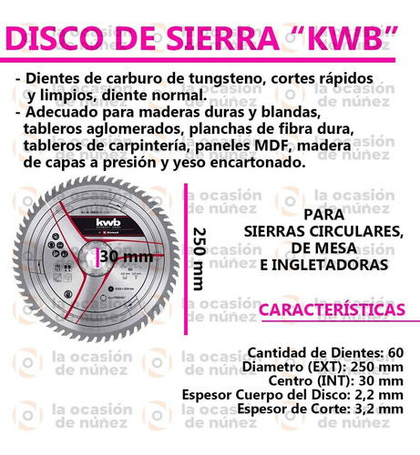 Imagen 2 de 6 de Disco De Sierra Carburo Tungsteno 60 Dientes 250 Mm Madera