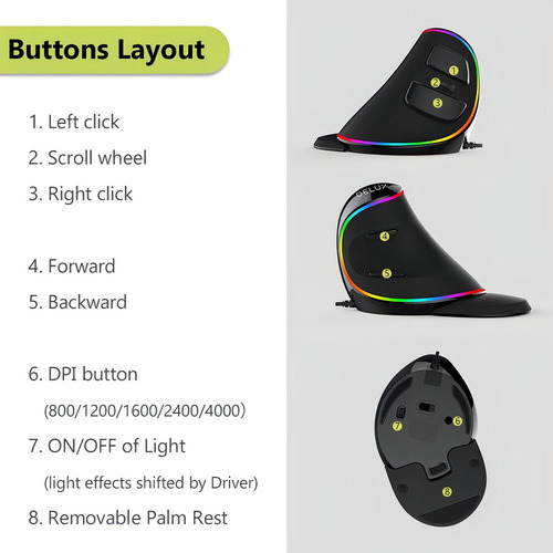 Mouse Vertical Delux Ergonomic Series M618plus Rgb Black