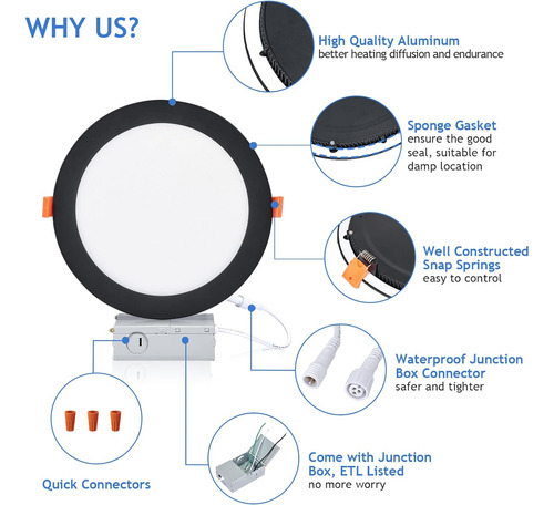 Luz Empotrable Led De 8 Pulgadas, Sin Lata, Regulable Y 3 Te