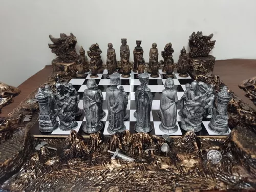 Tabuleiro xadrez luxo cavaleiros medievais 3d 32 pecas