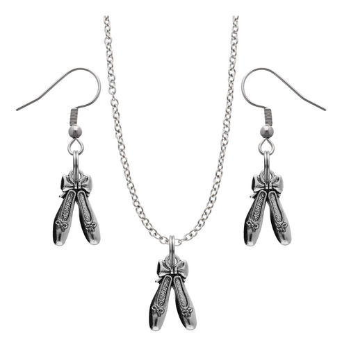 Kit Collar Y Aretes Bailarina Ballet Danza Dije Cadena Acero Plateado Zapatilla Ballet Doble