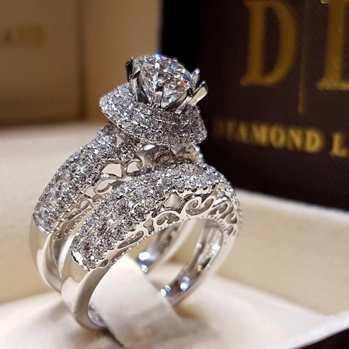 Anillo C Cristal Mujer Circonita Grande Piedra Plata 2pcs