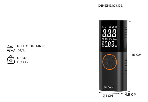 Inflador Digital Inalámbrico Gadnic Compacto Con Linterna