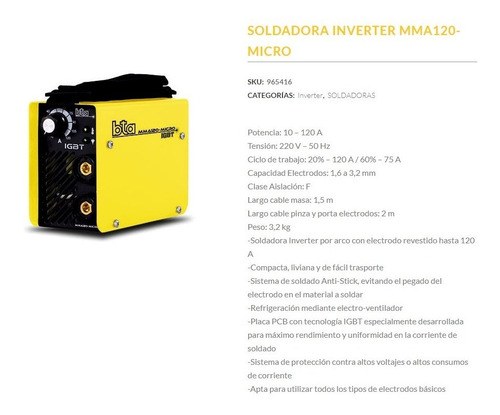 Imagen 2 de 3 de Soldadora Inverter 120amp Micro Electrodos Bta Monofasica