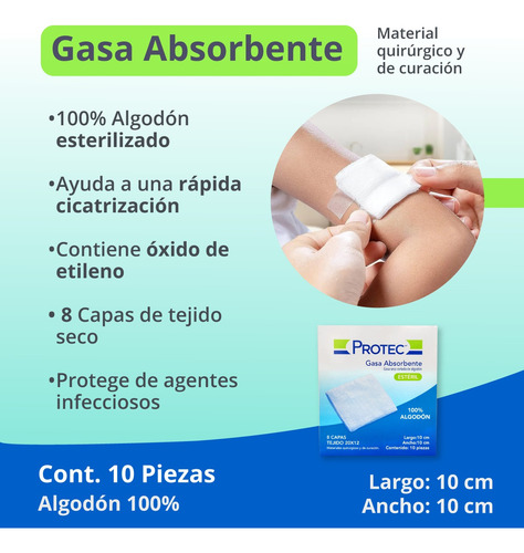 Gasa Absorbente Estéril Protec Algodón 10cm X 10cm Caja 10pz