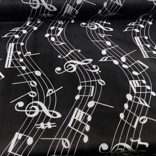 Tnt Estampado Notas Musicais Branco Fundo Preto 1,00m X 1,40