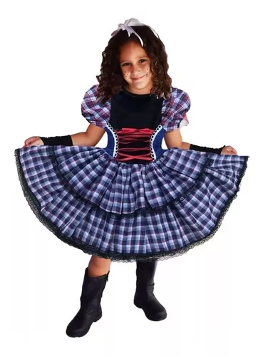 Vestido Xadrez Festa Junina Infantil Azul/preto