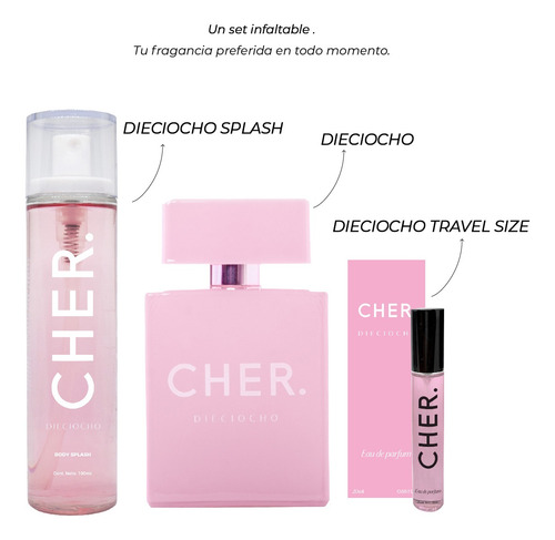 Set Perfume Mujer Cher Dieciocho + Talla 20 Ml+ Body Splash