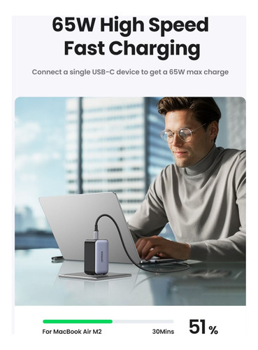 Ugreen Cargador Nexode Usb-c 65w 3 Puertos Gan Cd244 - 10334