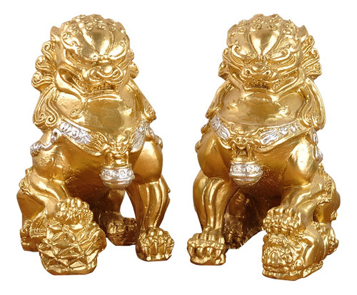 Figura Decorativa Perro Fu Dorado Resina Set X2