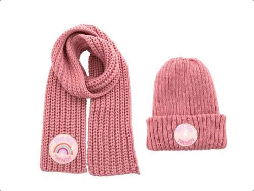 Combo Gorro Bufanda Trendy Invierno Lana Tejido Color Rosa