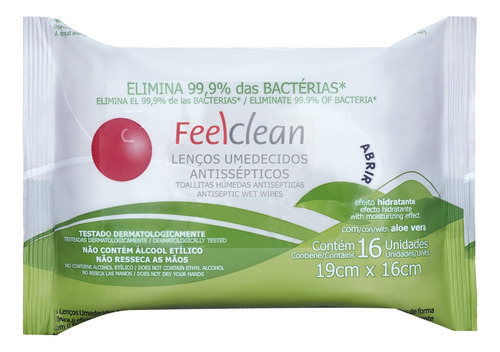 Toalhas umedecidas Feelclean Antisséptico Aloe vera em pacote 16 u