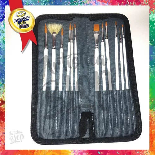 Set 12 Pinceles Sinteticos + Estuche Porta Pincel Mediano