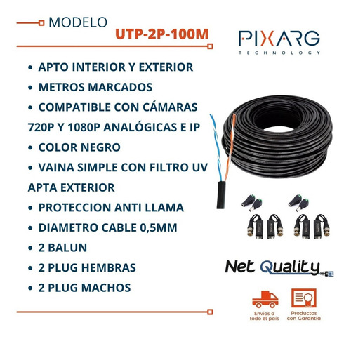 Cable Utp 100m Exterior 2 Pares P/2 Cámaras Seguridad Balun