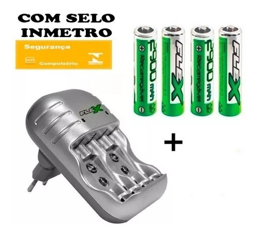 Carregador Rápido Automático + 4 Pilhas Aa Flexgold 2900mah