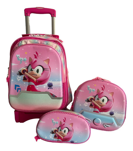 Mochila De Sonic Para Niña Con Lapicera Y Lonchera. Rosa.