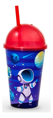 Copo Sorvete Decorado Infantil 550ml Plástico Tampa E Canudo Cor Astronauta