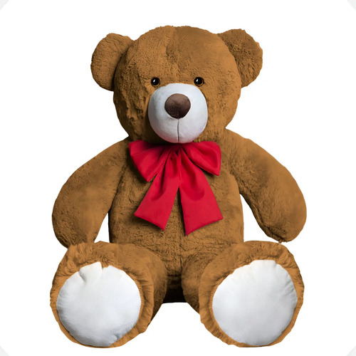 Urso De Pelúcia Teddy Bear Grande Com Laço 50cm Antialérgico Cor Mel Com Vermelho