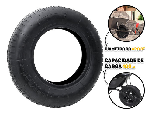 Kit Pneu Para Carrinho De Mão 3,25 X 8 + Câmera Ar - Fertak