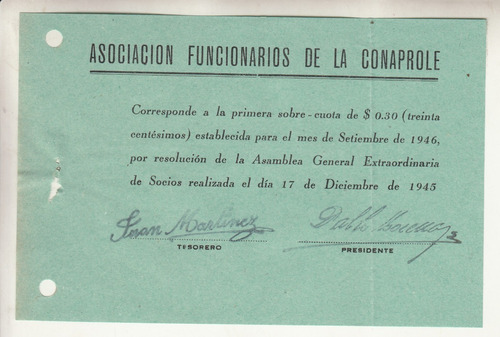 1946 Conaprole Asociacion De Funcionarios Recibo Sobre Cuota