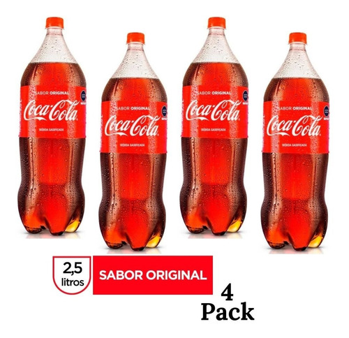 Refresco Coca Cola Regular De 2.5 Lt, Paquete Con 4 Botellas