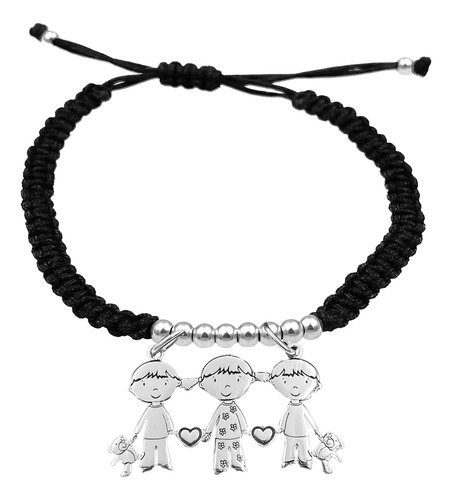 Pulsera Bolitas 2 Niños 1 Niña De Plata 925 Negra