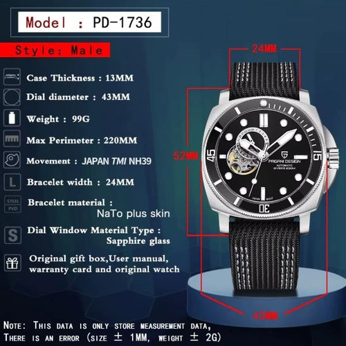 Reloj Pagani Design Pd-1736 Automatico Tourbillon Deportivo Negro Negro Negro