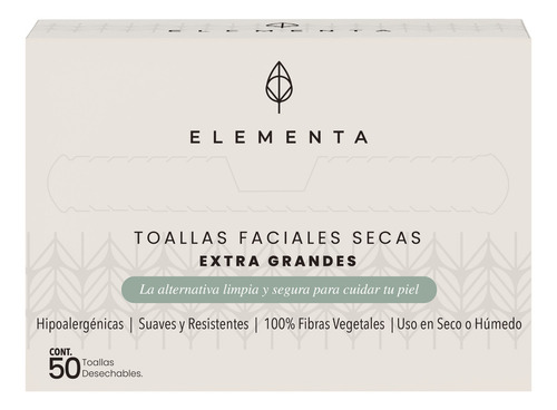 Elementa Toallas Faciales Secas Extra Grandes Desechables Rostro Limpio y Sin Bacterias Hipoalergénicas 100% Biodegradables Toallitas Desmaquillantes Skin Care Paquete con 50 Toallitas