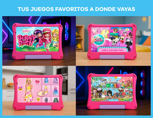Tablet T-go Kids 8 Android 14 Con 2 Joysticks 4gb Ram 64gb Realidad Aumentada Funda Antigolpes Color Rosa Control Parental App Educativas Wifi Infantil Segura Divertida