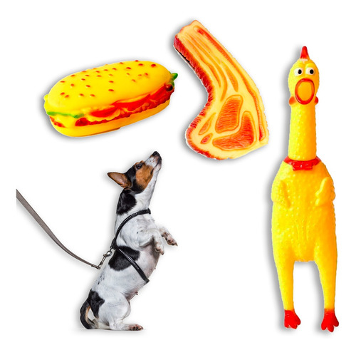 Imagem 3 de 6 de Kit Pt Brinquedo Sonoro P/ Cães Galinha Borracha Mordedor