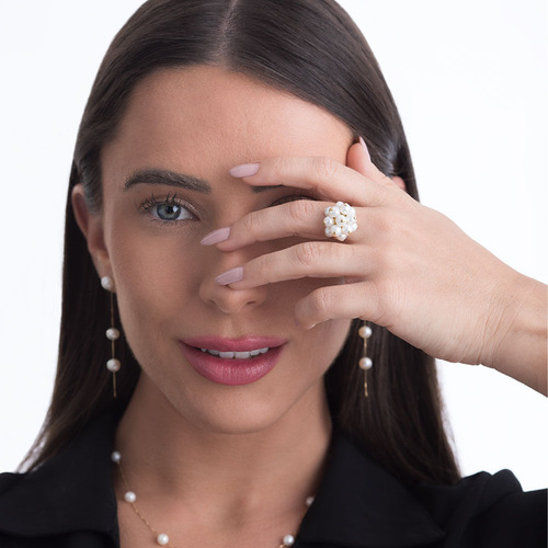 Anel De Arranjo De Pérolas Biwa Em Ouro 18k Aro 24