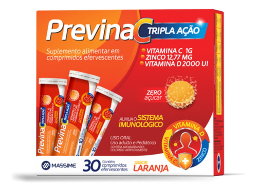 Previna C Vitamina C, D, Zinco 30cpr Efervescentes - Laranja