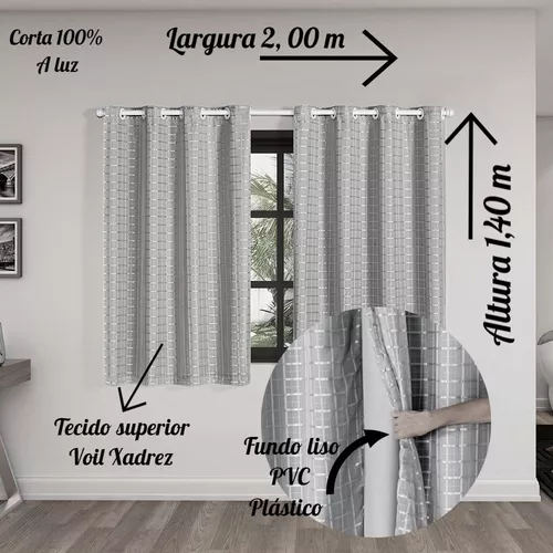 Cortina Blackout Pvc Com Tecido Voil Xadrez 2,00 M X 1,40 M