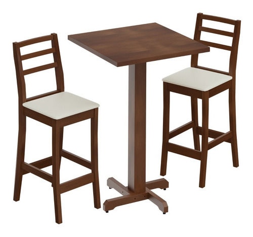 Mesa Alta Para Bar Com 03 Banquetas Estofadas Na Cor Pinhão