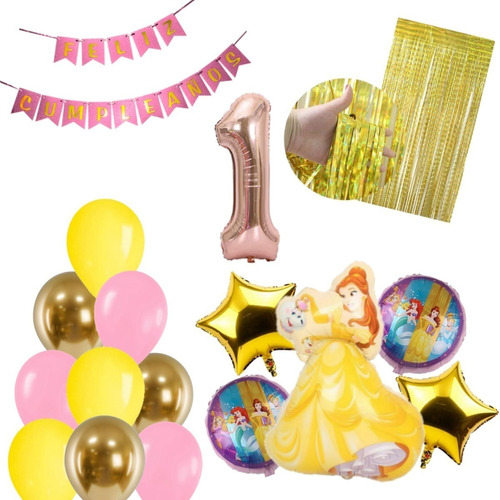 Combo Deco Princesa Bella Globo 3d 80cm Feliz Cumple Rosa