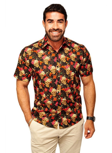 Camisa Estampa Floral Caveira Social Camiseta Masculina