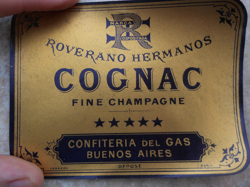 Etiqueta Antigua De Botella Confiteria Del Gas Cognac