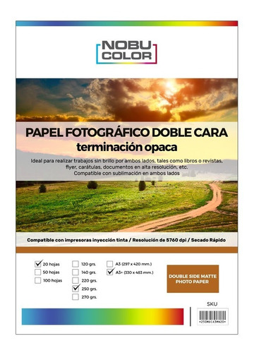 Papel Foto Matte Doble Cara A3+ 250 Gr. 20 Hojas