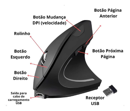 Mouse Sem Fio Vertical Recarregável Bluetooth Led Cor Preto