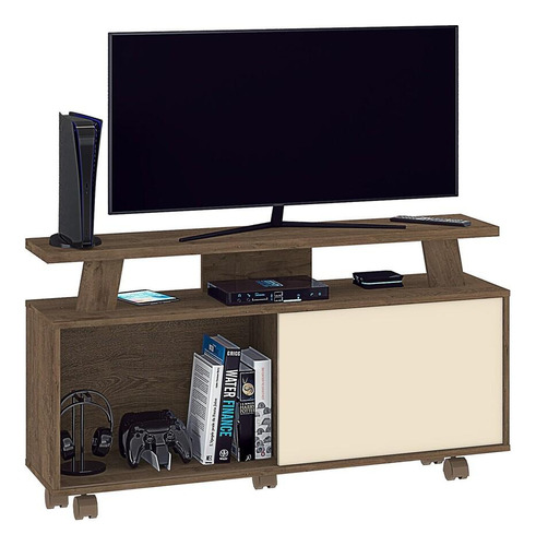 Rack Tv Até 55 Com 1 Porta E Rodízios Multimóveis Cr45217 Cor Mocaccino Rústico/Natura Off White 3D