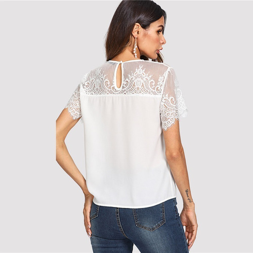 Blusa Elegante Blanca Con Encaje Talla S Importada En Stock