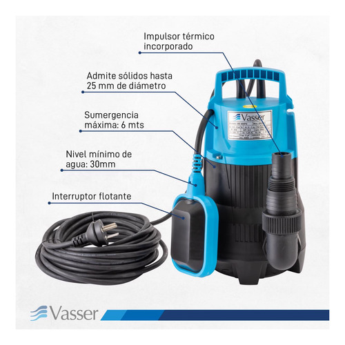 Imagen 3 de 8 de Bomba Desagote Agua Sucia Vasser De400ps 400w 10mts Cable 40