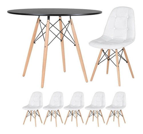 Mesa Jantar Eames 100 Cm + 5 Cadeiras Estofada Eiffel Botonê Cor Mesa Preto Com Cadeiras Branco