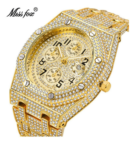 Relojes Missfox Diamond Chronograph Quartz para hombre, color de correa: dorado